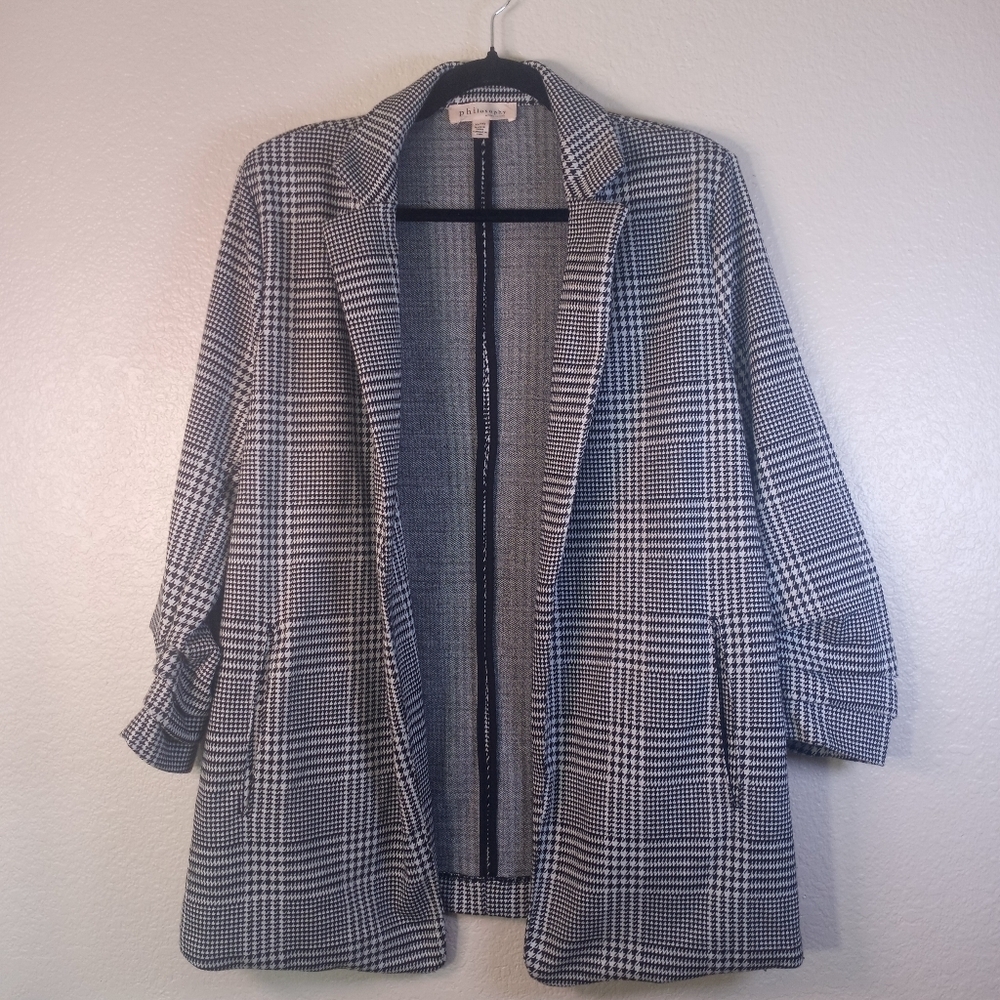 Philosophy Plaid Black White Houndstooth Unstructured  Gathered Sleeve Blazer XL